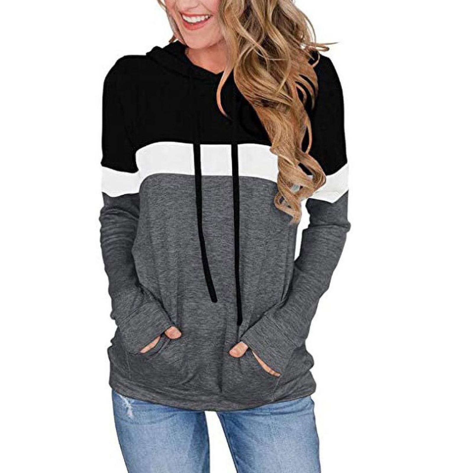 Women Patchwork Pocket Long Sleeve Hoodies Sweatshirt Pullover Shirt Tops Blouse L