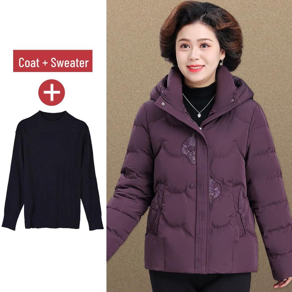 Warme Kapuzen-Daunenjacke für Damen 2025: Neue Stil Stickerei Baumwolle Winter Oberbekleidung für Mütter mittleren und höheren Alters.