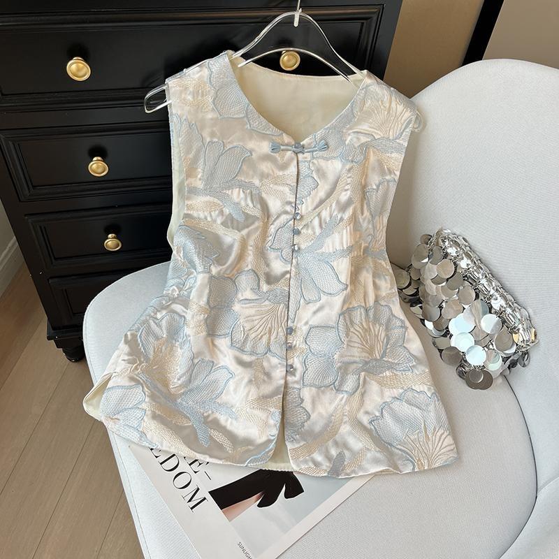 

Жилет Атласный Жаккардовый Жилет Топ Жилет На пуговицах Вышитый Жилет Женский Летний 3XL ([Recommended 138-75kg])