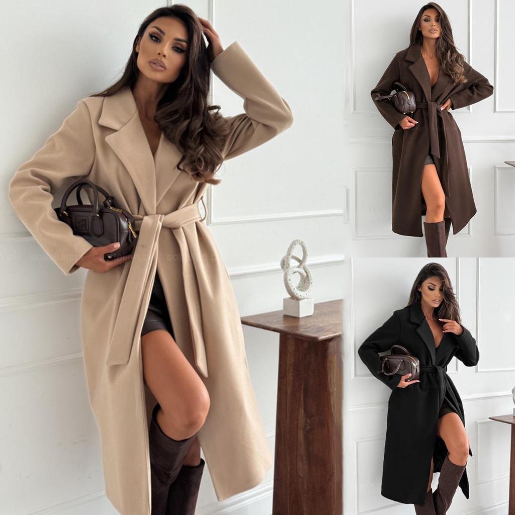 Minimalist Long-Sleeve Solid Color Wool Coat - Women's Autumn/Winter Fashion