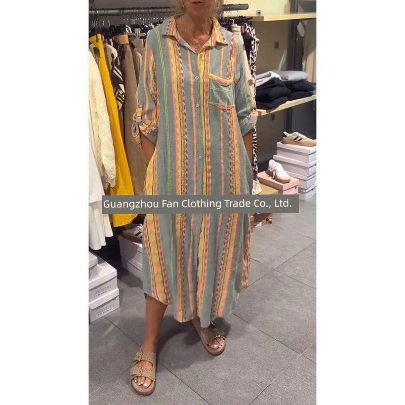 

Middle East Fashion Loose Polo Collar Stripes Long Shirt Dress Casual Plus Size Dress Women Yellow 3XL
