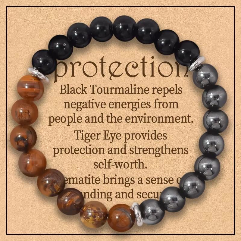 Brățară cu triplă protecție:Ochi de Tigru, Obsidan Negru, & Hematit Cristale Rotunde de Protecție 8mm (Brățară elastică cu pietre prețioase)