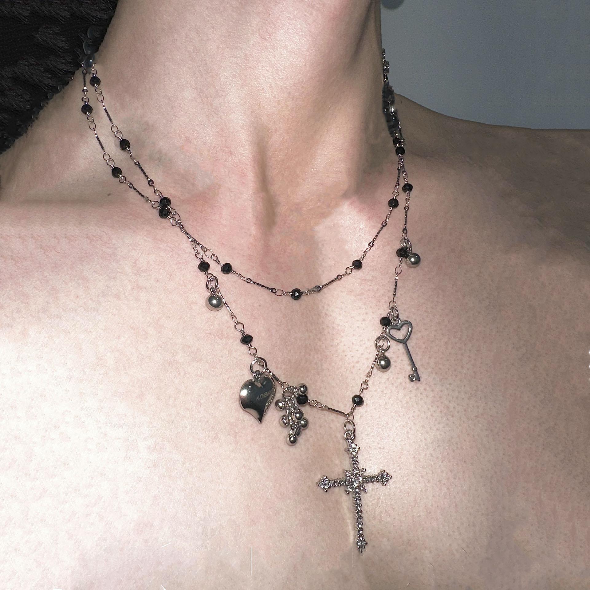 Trendy Grey Pearl Cross Necklaces Vintage Multi Layer Choker Set Beaded Black Crystal Pendant Necklace Long Collarbone Zircon