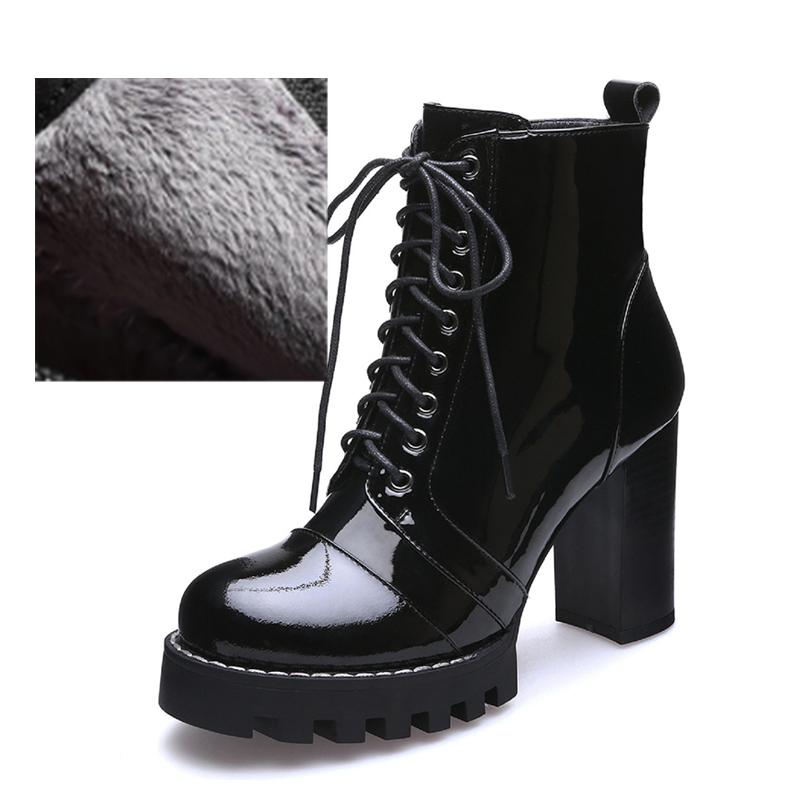 

Качественные короткие ботинки из натуральной кожи, женская обувь, на шнуровке, осенне-зимние ботильоны для женщин, на платформе, на высоком каблуке, черные туфли 34