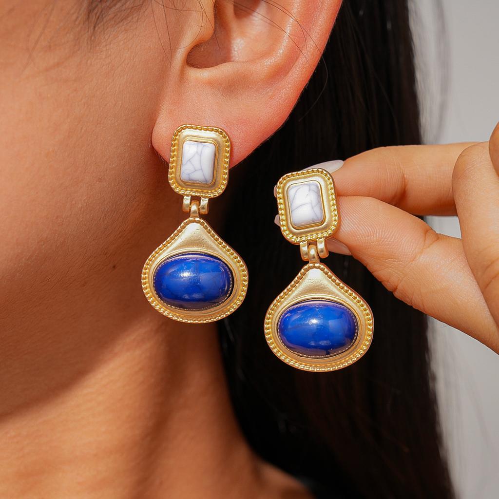 Resin Geometric Oval Silver Needle Earrings Ethnic Retro Earrings Niche Earrings