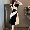 Estate Elegante Moda Patchwork Midi Vestido Donna Temperamento Manica Corta A-line Abito Signore Casual Vita Slim