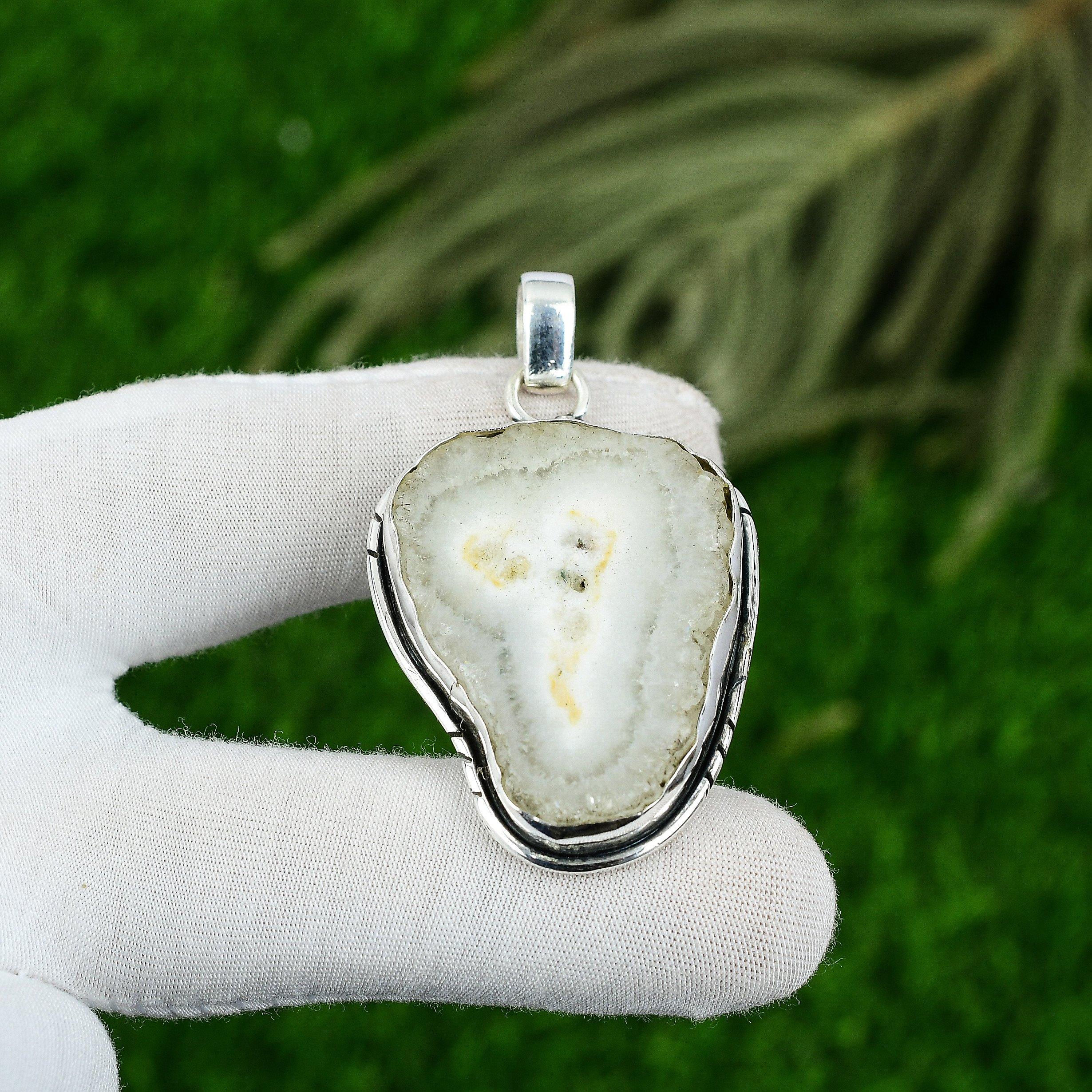 Pentagon Solar Moss Opal Stone Bezel Art Deco Elegant Pendant Sterling Silver