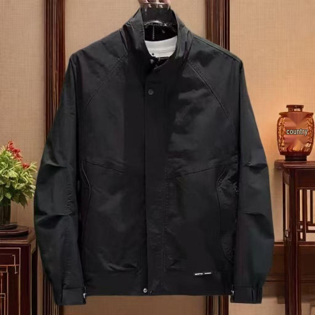 2025 Men's Trendy Stand-Up Collar Jacket: Solid Color Casual Versatile Black Outerwear
