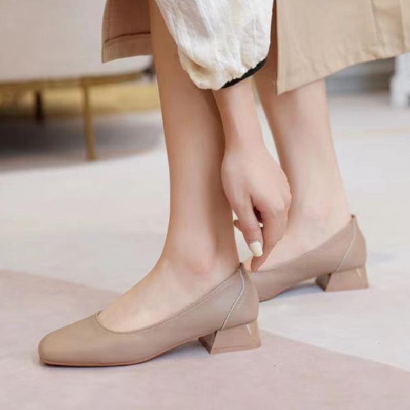 Fashion Ladies Summer Footwear Square Toe Shoes for Women 2025 with Medium Heels White Office Social Elegant Classy Fashion A Spring