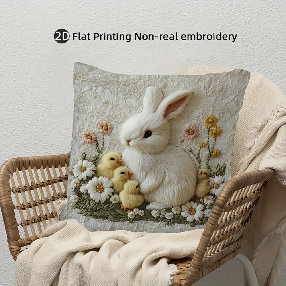 1pc 2D Printed Cute Bunny And Chick Pillowcase, Featuring a Single-Sided Print Design, Zipper Closure, Machine Washable, Without Internal Filling
