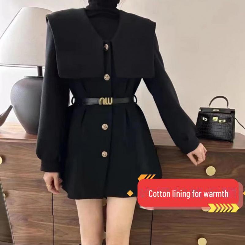 2024 Early Spring Women's Navy Collar Slim-Fit Mid-Length Coat
