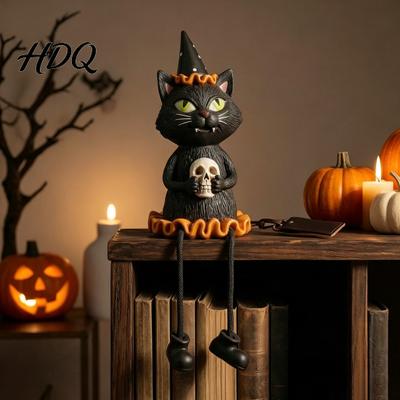 Creepy Bookshelf Accents Halloween Figurines Spooky Ghost Skeleton Pumpkin Black Cat Resin Ornaments Decorations for Home Tabletop Decor Mantel