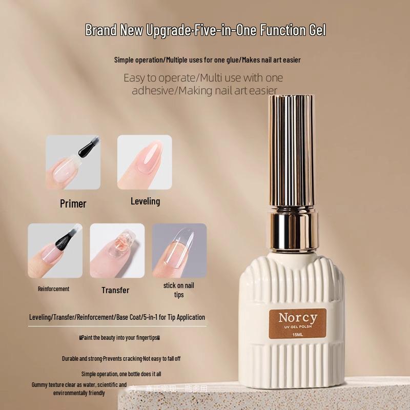 

Upgraded 5-in-1 Gel: Nail Polish, Strengthening Base Coat, Leveling Gel, Adhesive for Transfer Stickers, and Nail Tips.