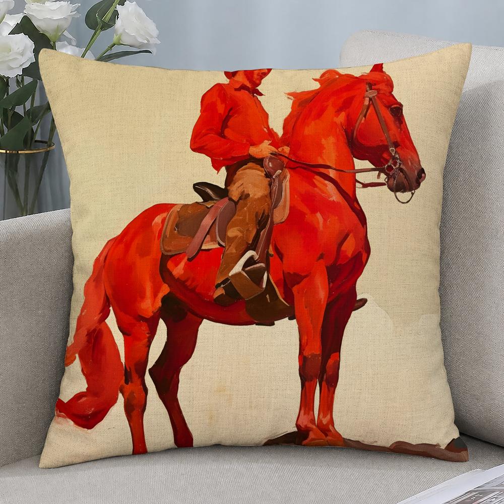 Art Rider Horse Painting Cushion Cover Cushion Covers Natural Linen Breathable Sofa Bedroom Decor Pillowcase