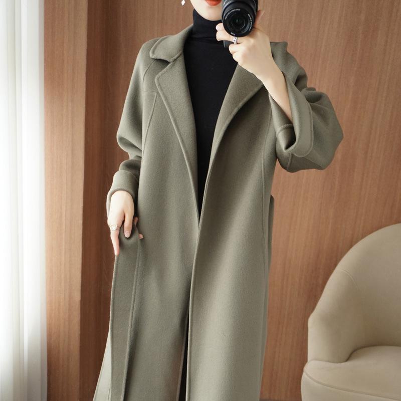 Women's Mid-Length Wool Coat with Side Slits, Lapel Collar, Belt, and Loose Plus Size Fit