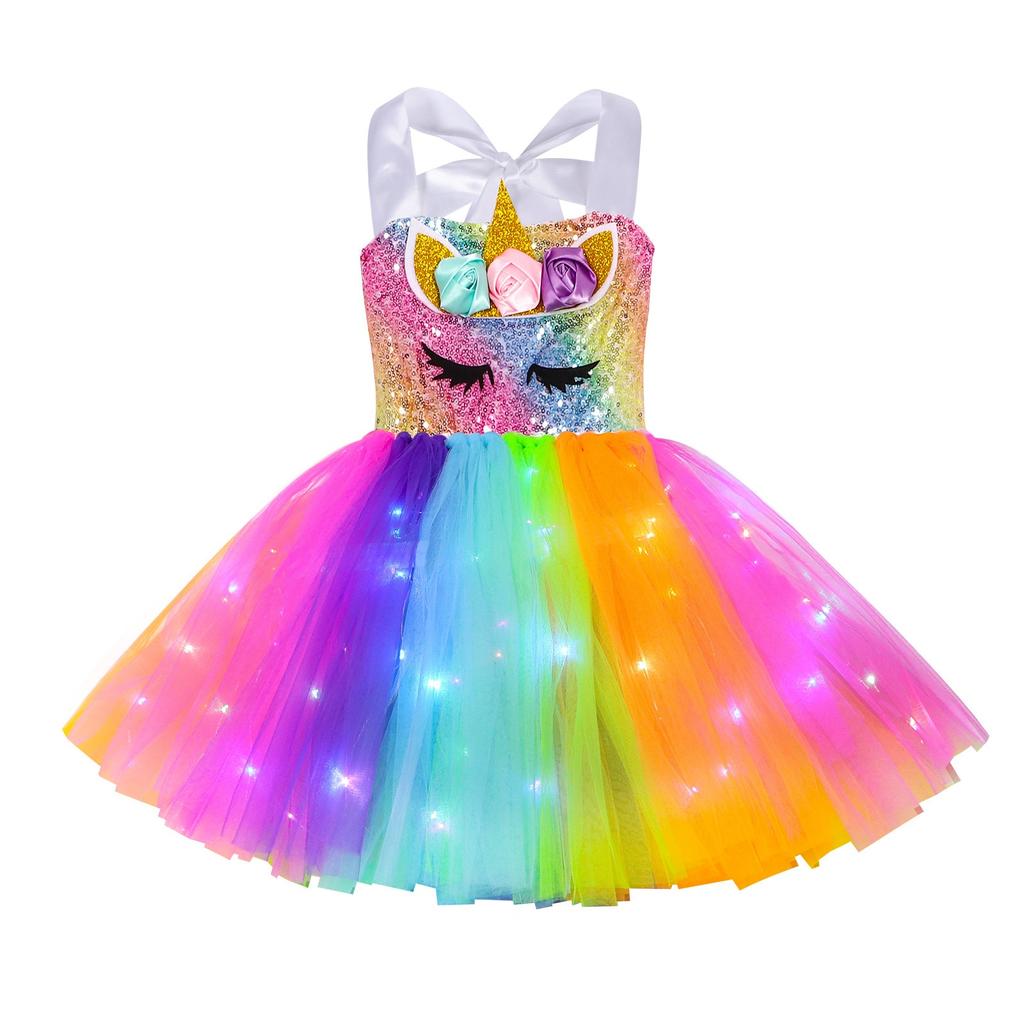 Rainbow Unicorn Tutu Dress,Glowing Sparkle, Christmas Party Dance Princess, Multicolor, 6-7 Years