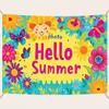 Cheerful Hello Summer Backdrop, Bright Turquoise Floral Scene with Butterflies and Smiling Sunflowers, Festive and Playful Wall Decor