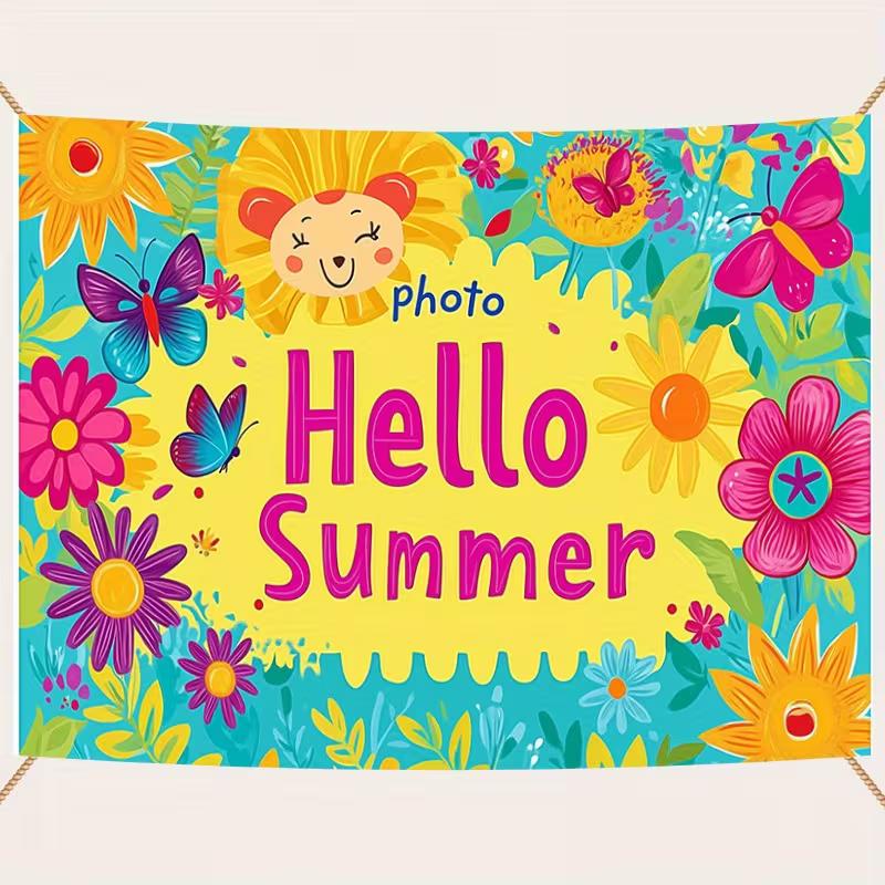 Cheerful Hello Summer Backdrop, Bright Turquoise Floral Scene with Butterflies and Smiling Sunflowers, Festive and Playful Wall Decor