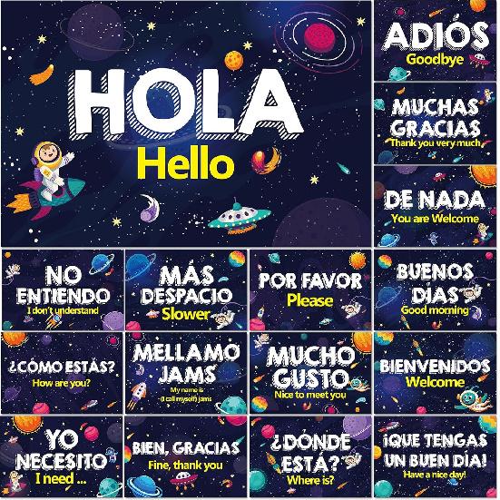 gisgfim 16 Pcs Spanish Words and Phrases Poster Set Spanish Phrases Bulletin Board Study Spanish Classroom Decoration for Teachers Preschool School