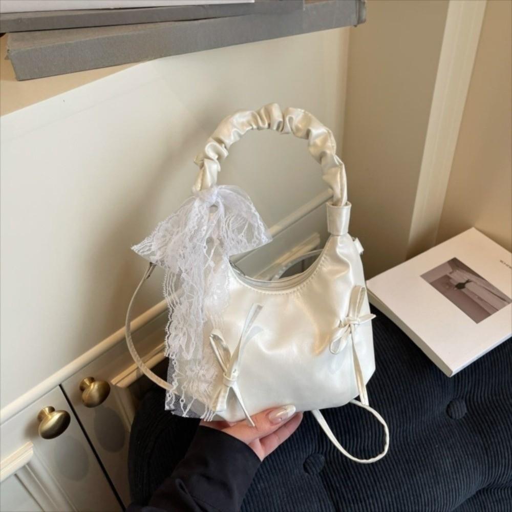 Pleated Evening Handbag Beige Underarm Bag Sweet Bow PU Shoulder Bag Travel