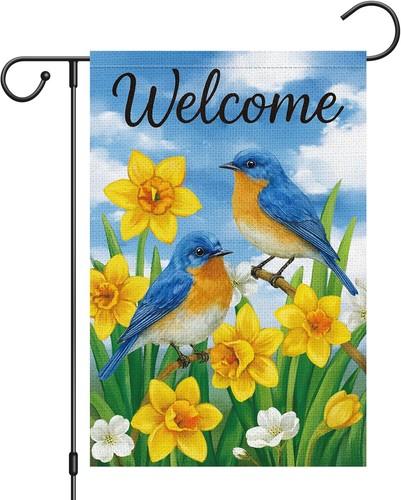Welcome Spring Garden Ag Double Sided Burlap, Blue Birds & Yellow, 12x18 XXQ