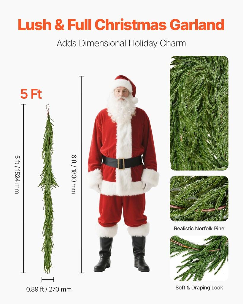 Christmas Garland, 1524 mm Realistic Norfolk Pine Garland, Evergreen Real Touch Artificial Faux Greenery Garlands, for Holiday Indoor Outdoor Xmas