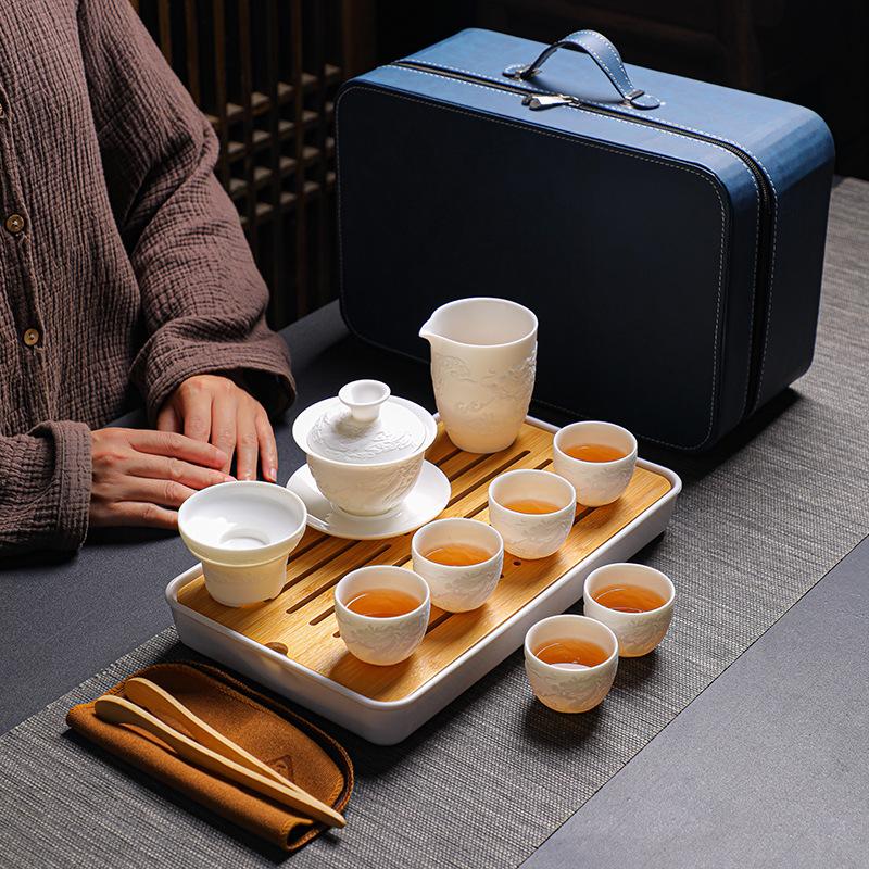 Embossed Suet Jade Ceramic Simple Tea Set Gift Box with Tea Tray Business Gift