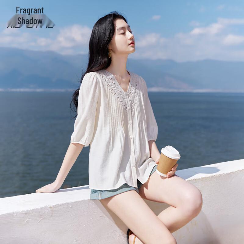 Xiangying Women s Summer Linen Blend V-Neck Babydoll Blouse L