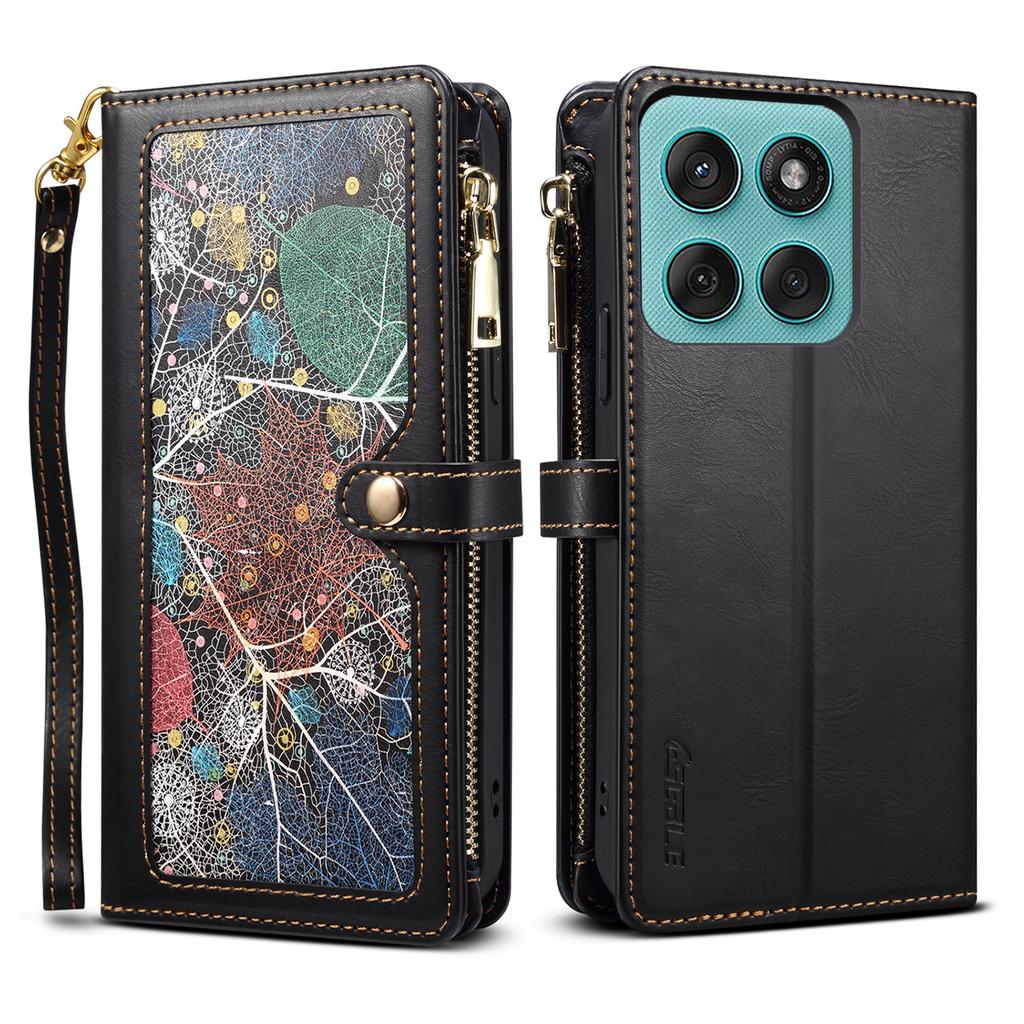 ESEBLE Seria Galaxy Etui do Motorola Moto G56 5G Skórzane Etui na Telefon z Zamkiem Błyskawicznym Blokujące RFID z Paskiem na Ramię + Paskiem na Nadgarstek