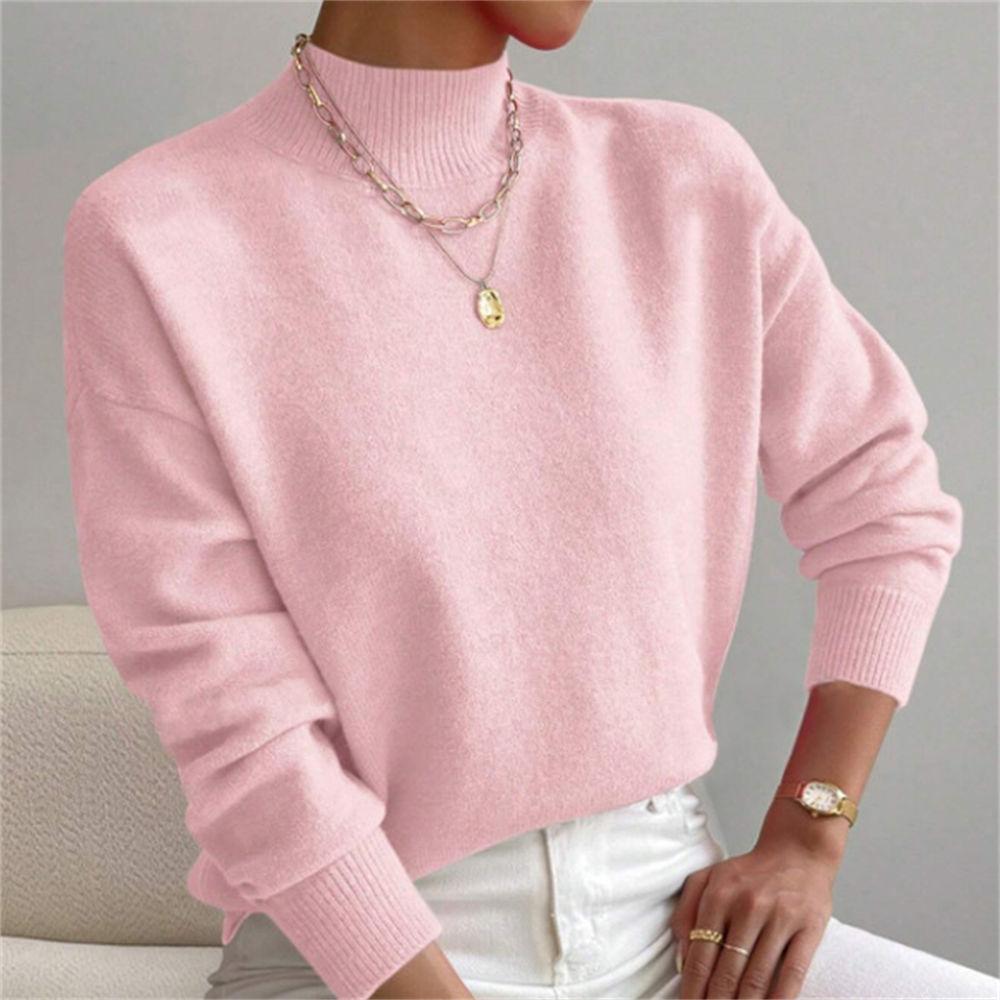 Women's Autumn/Winter Mock Neck Pullover Sweater, Fashion Solid Color Loose Fit Long Sleeve Knit Top S-XL