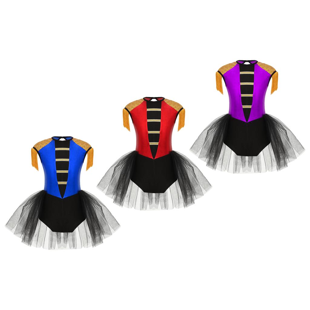 Kids Girls Halloween Circus Ringmaster Cosplay Costume Sleeveless Sequins Tassels Leotard Jumpsuit Unitard Dancewear