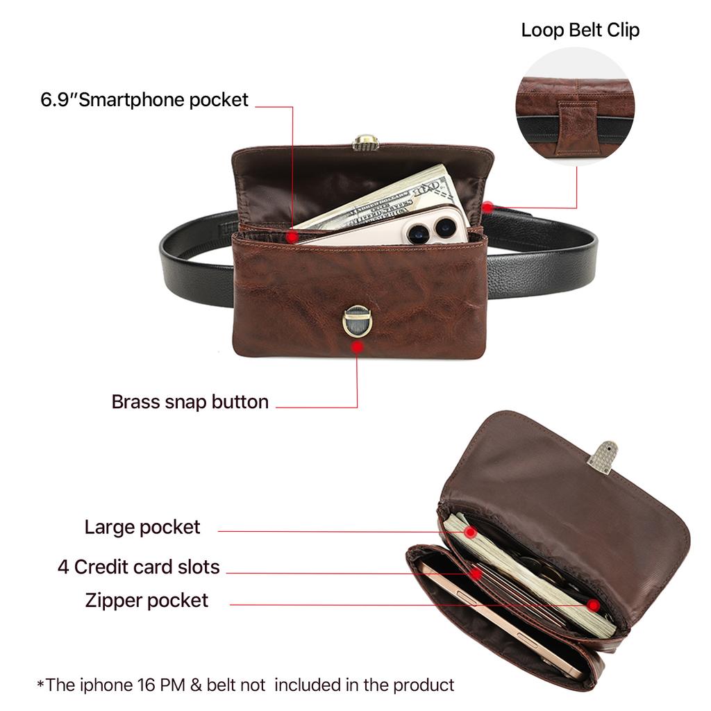 Genuine Leather Waist Phone Bag for Men Full Grain Leather Fanny Bag Waist Pack 6.9" Phone Pouch for iPhone 16 17 Pro Max