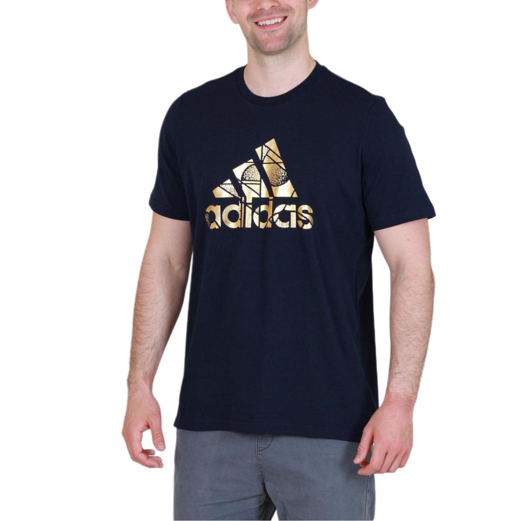 Adidas Gold Logo Printed Round Neck Sports Short Sleeve T-Shirt Men T-Shirt Dark-Blue HE4790