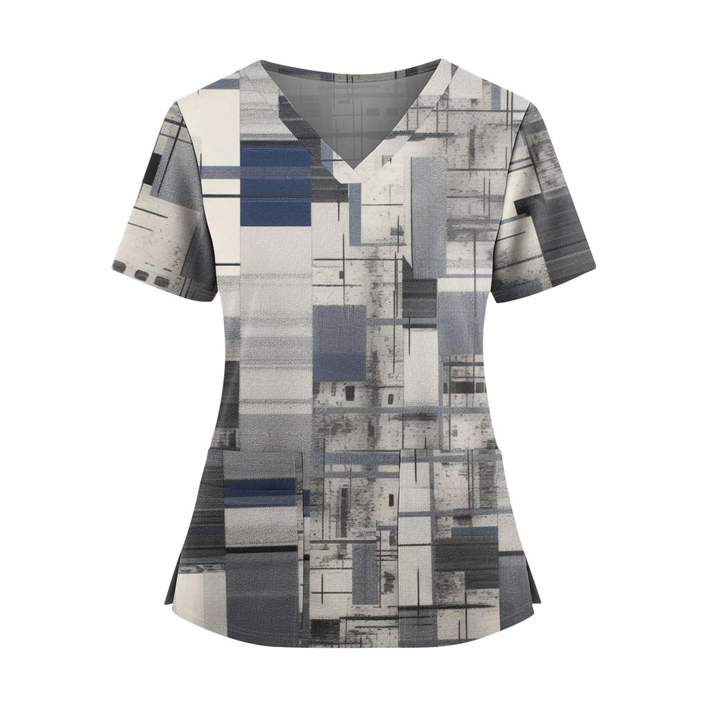 Women's Fashionable Printed V Neck Double Pocket Short Sleeved Shirt With Slit Hem Uniform And Worker Top