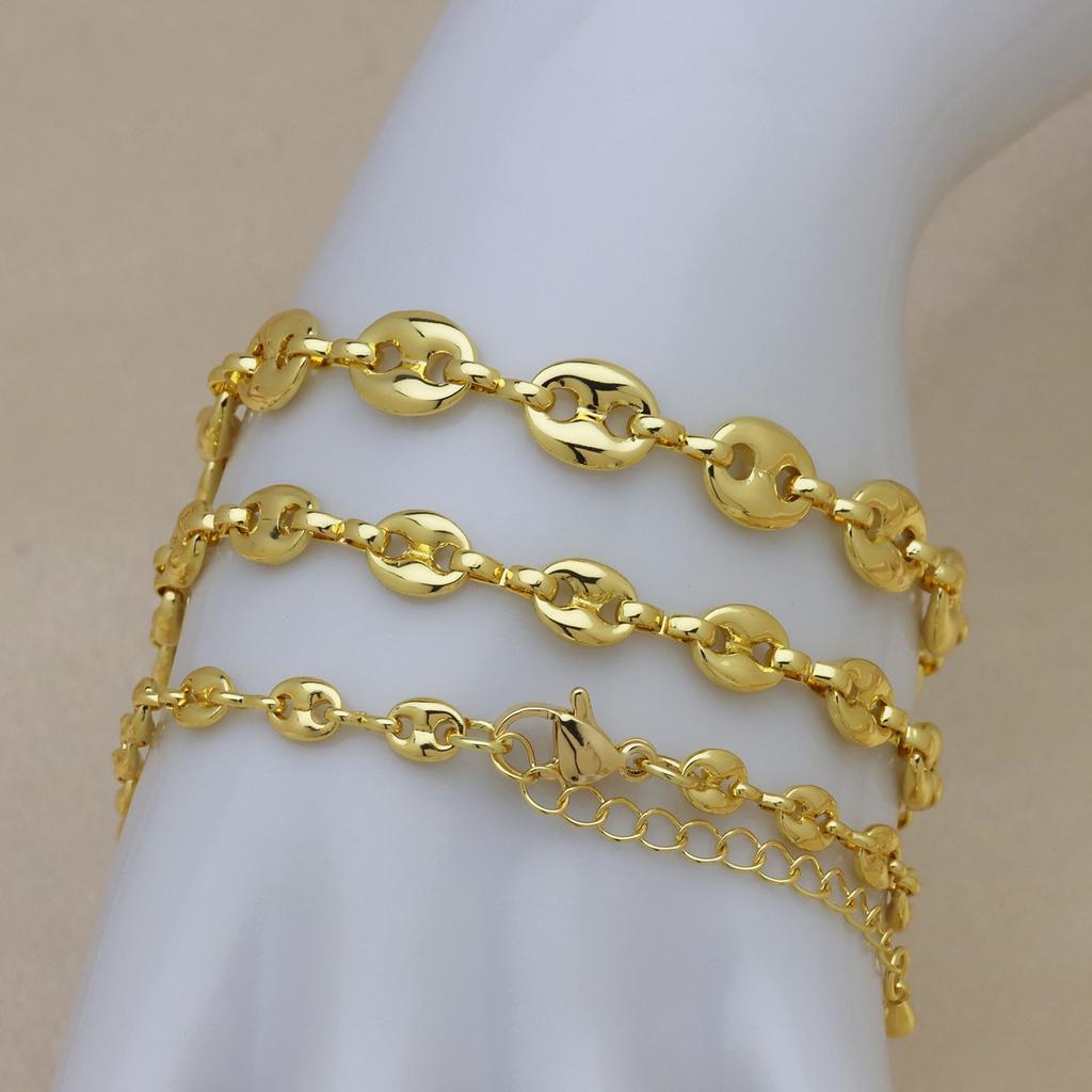 18K Gold Plated Brass Puff Coffee Bean Chain Jewelry Set Pig Nose Mariner Link Necklace Bracelet Earrings 3 Pcs Set