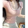 Sweet Fashion Versatile Summer New T-Shirts Women Square Collar Solid Lace Patchwork Short Sleeve Korean Casual Skinny Tops