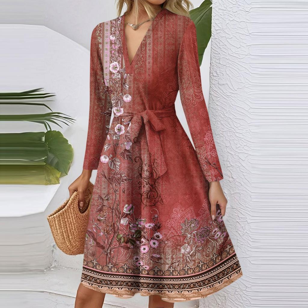 Women's Fashion Casual V-Neck Long Sleeve Waist Retro Printed Midi Dress