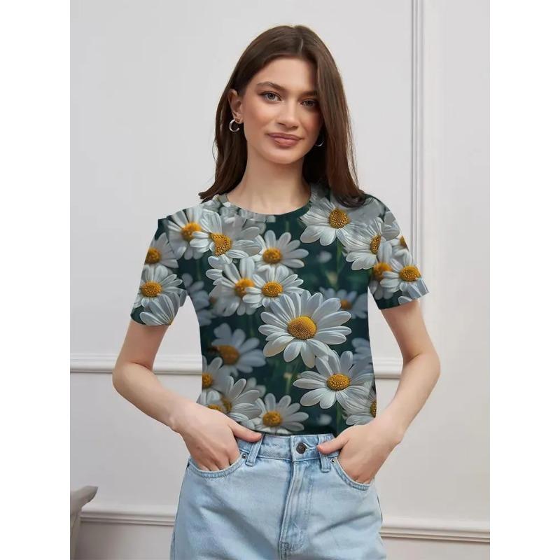 Women's Summer Round Neck Short Sleeved T-shirt Paired with 3D Floral Print Casual Top Breathable and Machine Washable Suitable for Outdoor Daily Wear