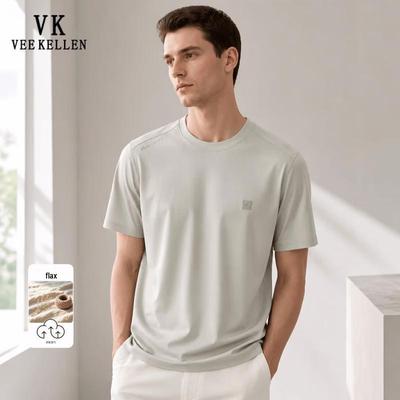 VEE KELLEN Men's Linen Blend Round Neck Short Sleeve T-Shirt