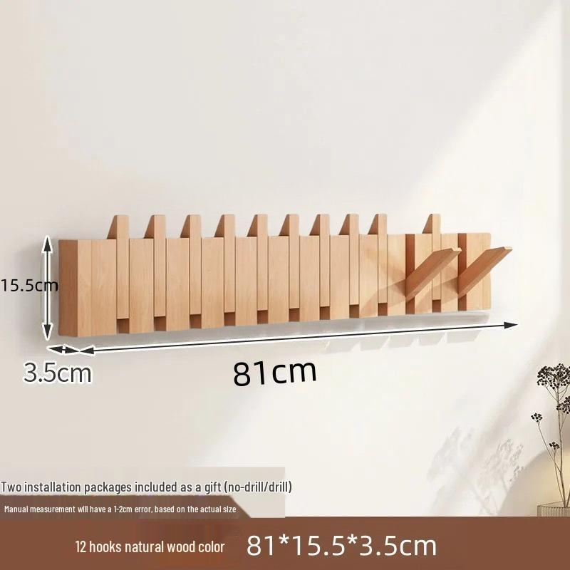 Solid Wood Wall-Mounted Piano Key Coat & Hat Rack - Punch-Free Storage Solution for Bedroom, Entrance, or Hallway.