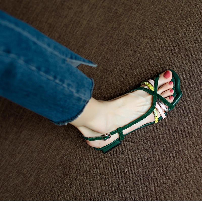 Fashion 2025 New Patchwork Fish Mouth Low Heel Sandals 2025 Summer New French Open Toe Short Heel Roman Shoes
