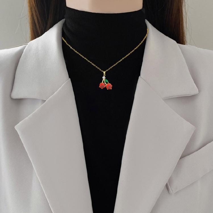 Vibrant Zircon Cherries Pendant Necklace Fashionable Cherries Designs Necklace Zircon Pendant Neckchain For Women
