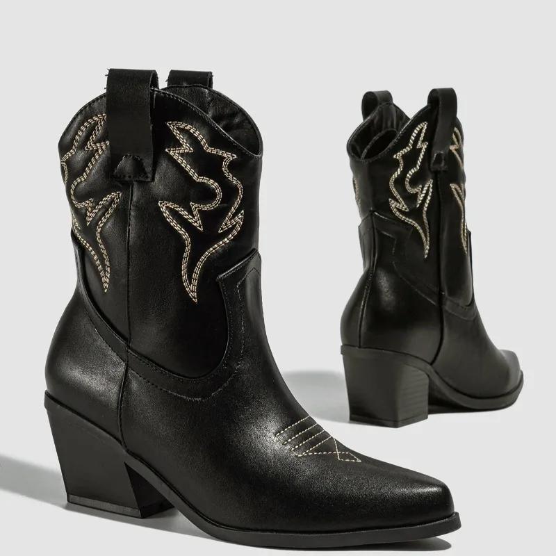 Winter Short Women's Boots High Heels Western Boots Embroidered Thread Thickened Thick Heel Platform Boots Women Shoes