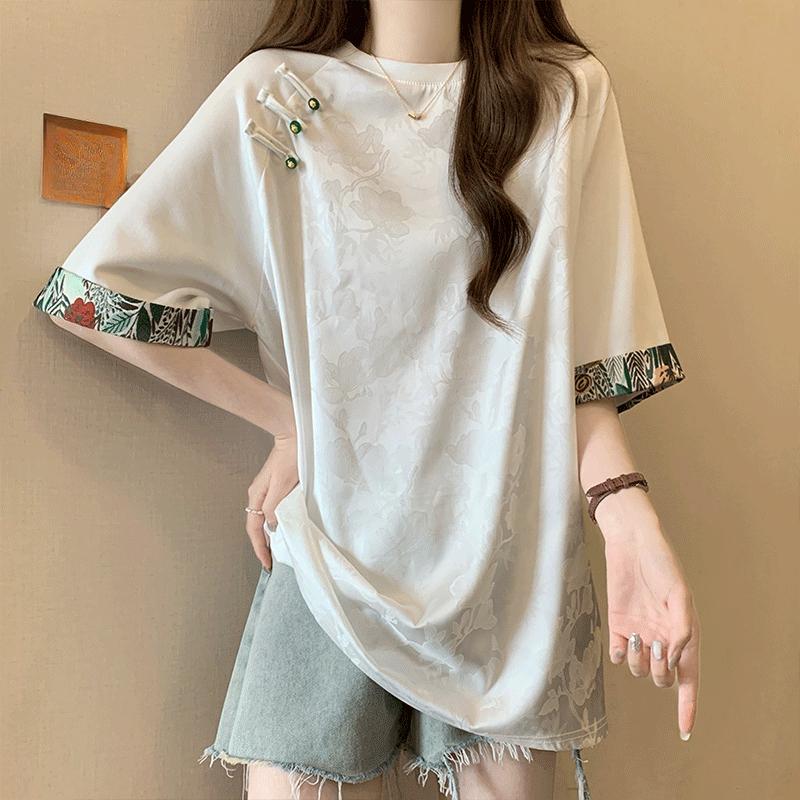 

Элегантные женские футболки с коротким рукавом в новом китайском стиле, летний комфортный топ, дизайн с контрастными манжетами, женский пуловер XXL белый