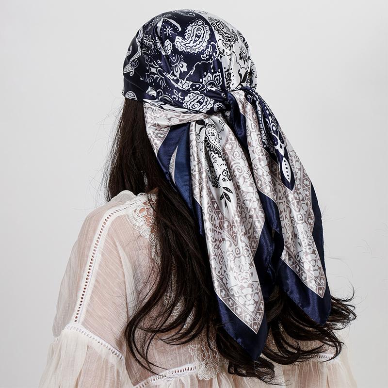 90*90cm Satin Square Scarf Women Hijab Paisley Cashew Print Silk Scarf Neckerchief Shawl Wraps Headband Hair Accessories Bandana