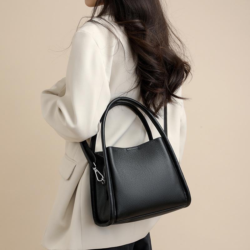 Luxury Women's Genuine Leather Tote - Large Capacity, Solid Color, Single Shoulder or Crossbody Bucket Bag