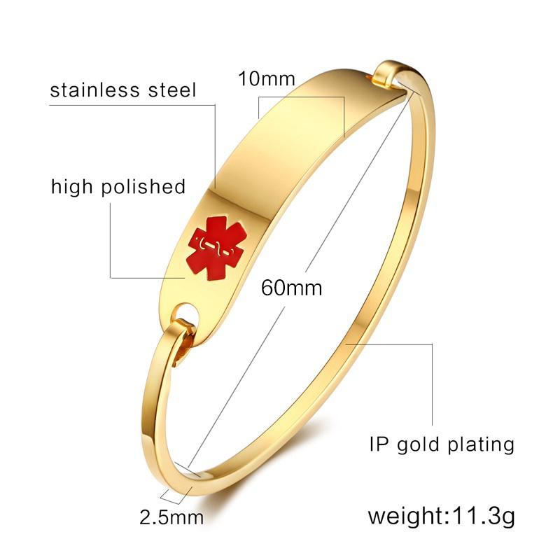 Vnox Free Engraving Medical Alert Bracelet Non Allergenic Surgical Steel ID Cuff Bangle Bracelets for Women Jewelry