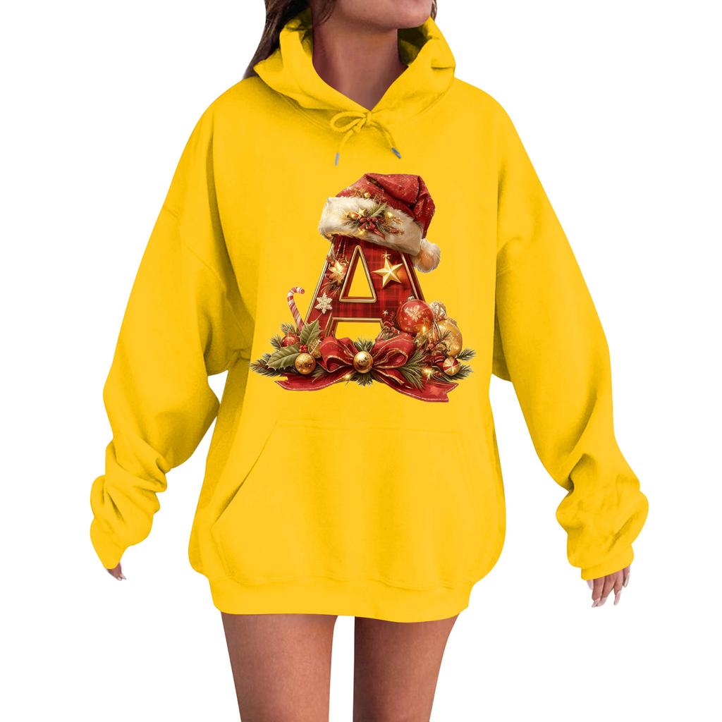 Women's Casual Comfortable Long-Sleeved Christmas Letter-Printed Warm Hooded Crew-Neck Sweatshirt