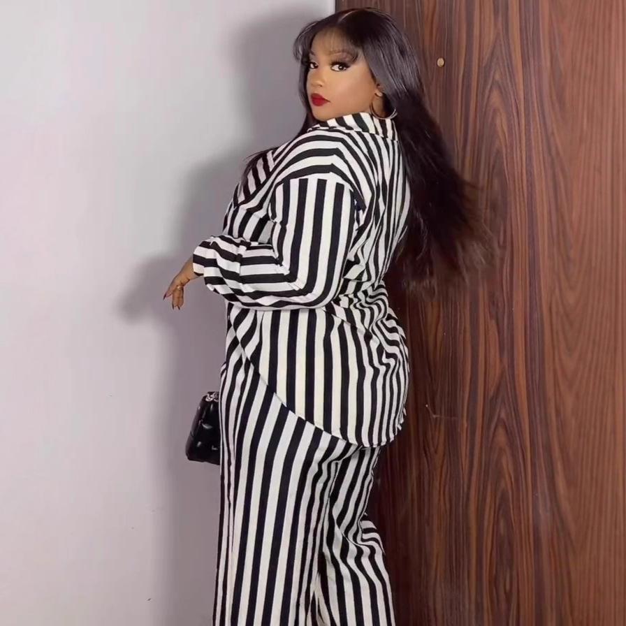 European and American new suit women's long-sleeved striped shirt high-waisted wide-leg pants African loose large-size women's two-piece suit trendy