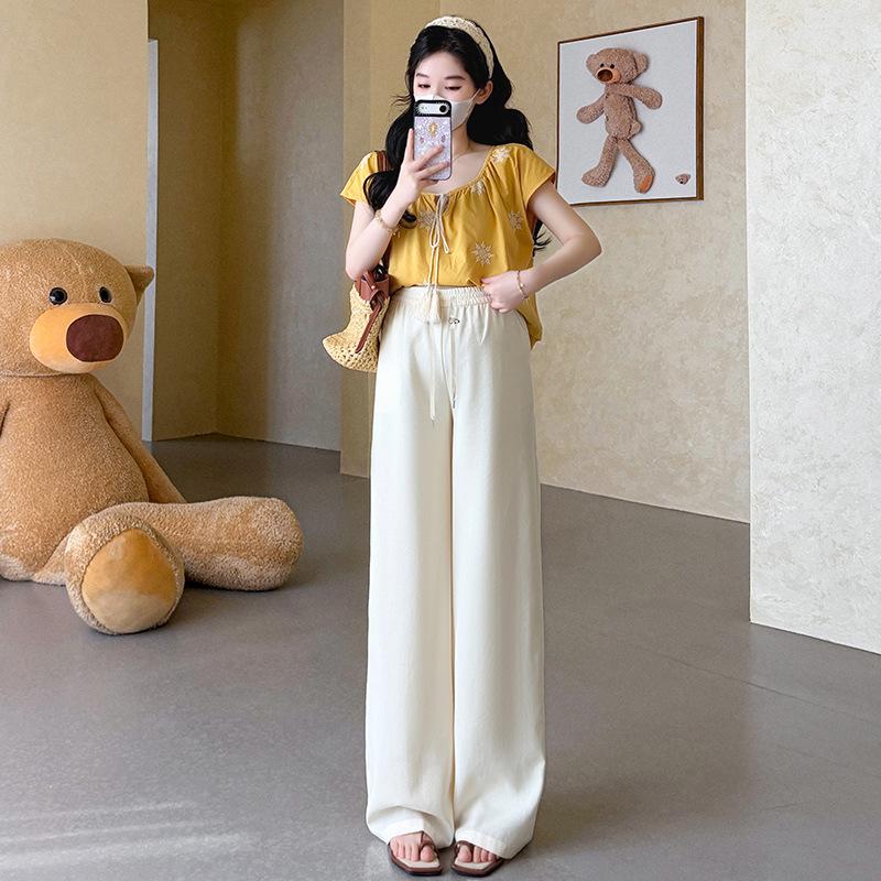 Summer Korean Embroidered Doll Shirt & Straight-Leg Pants Maternity Set XL